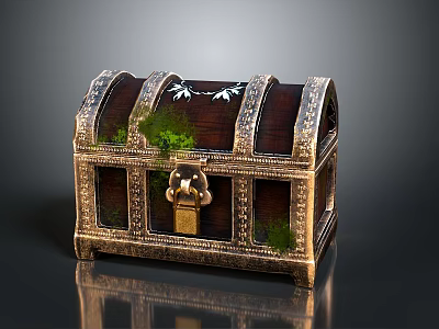 Vintage Wooden Chest with Metal Decorations Ornate Top Ornament and Green Plants Inside Golden Base 3d model