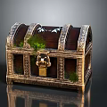 Vintage Wooden Chest with Metal Decorations Ornate Top Ornament and Green Plants Inside Golden Base