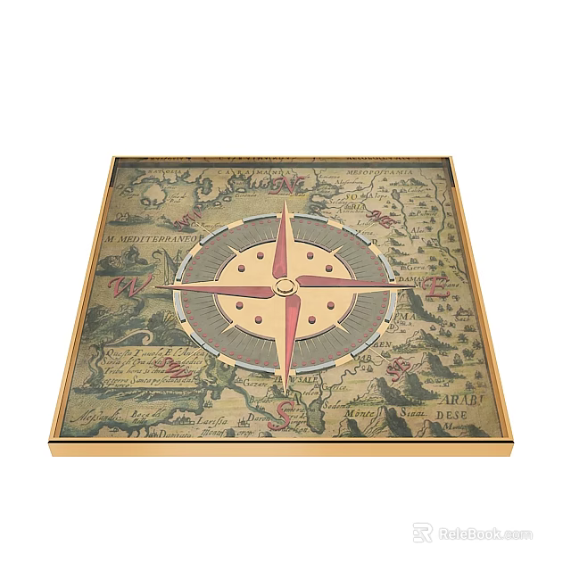 Vintage Abstract Painting Featuring Ancient Map And Central Compass Design 3d model