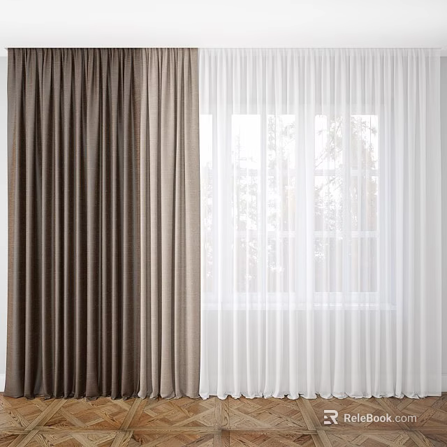 Brown and White Fabric Curtains with Light Blocking and Sheer Panels for Home Windows 3d model 