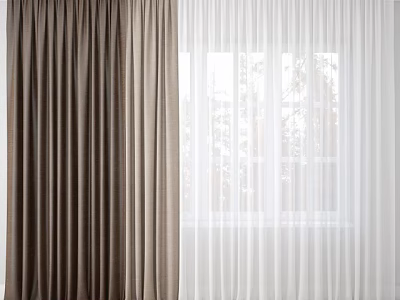 Brown and White Fabric Curtains with Light Blocking and Sheer Panels for Home Windows 3d model