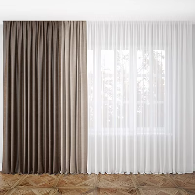 Brown and White Fabric Curtains with Light Blocking and Sheer Panels for Home Windows 3d model