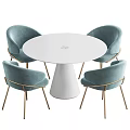Elegant Modern Round White Dining Table Set With Blue Velvet Chairs And Gold Legs