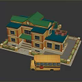 Scenic Two Story Building with Green Roof Orange Walls Yellow School Bus and Green Shrubs