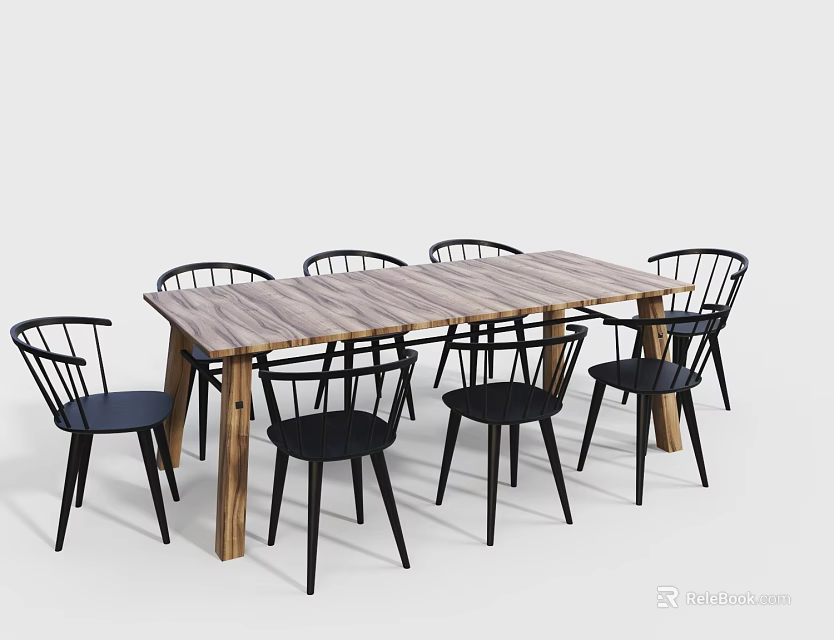 Modern Wooden Dining Table Set With Black Chairs And Classic Design 3d model 