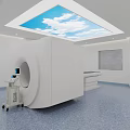Modern CT Scanner in Medical Room with Blue Floor Skylight Mobile Cart and Display Screen