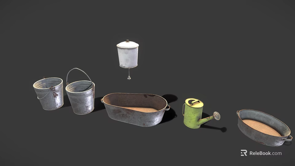 Vintage Metal Containers Collection Including Silver Buckets Green Watering Can Retro Basins And Classic Texture 3d model 