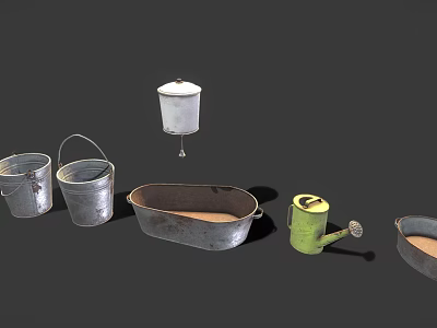 Vintage Metal Containers Collection Including Silver Buckets Green Watering Can Retro Basins And Classic Texture 3d model
