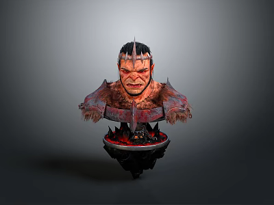 Suspended 3D Horned Demon Character With Fierce Expression Armored Shoulders And Glowing Red Base 3d model