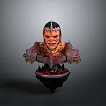 Suspended 3D Horned Demon Character With Fierce Expression Armored Shoulders And Glowing Red Base