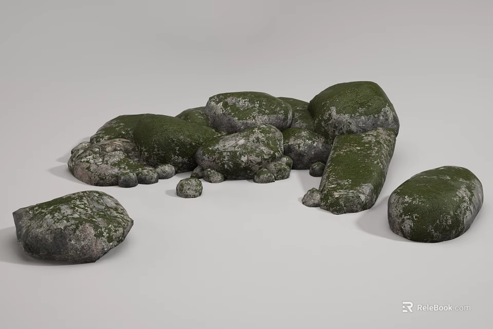 Natural Stones Covered With Green Moss Displaying Textured Surfaces And Forms 3d model 