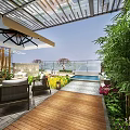 Tranquil Garden Landscape Design With Wooden Deck Greenery Wall And Outdoor Furniture
