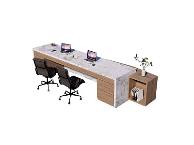 Modern Reception Desk With Marble Countertop Office Chairs Laptops Wooden Cabinet And Potted Plant 3d model