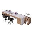 Modern Reception Desk With Marble Countertop Office Chairs Laptops Wooden Cabinet And Potted Plant