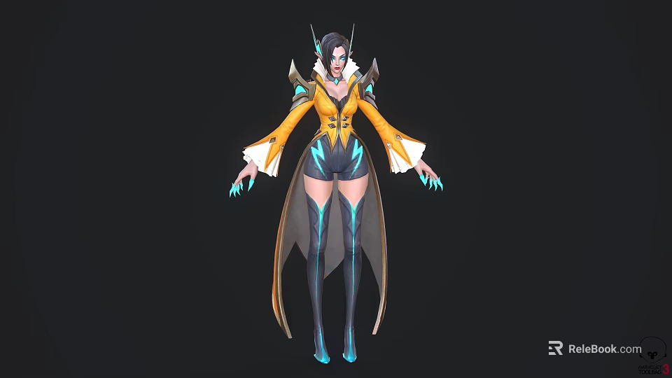 3D Fantasy Character Design With Yellow Blue Outfit Long Sleeves Wing Decorations And Blue Nails 3d model 