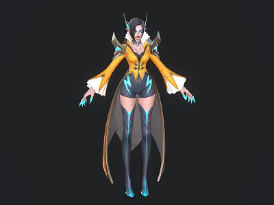 3D Fantasy Character Design With Yellow Blue Outfit Long Sleeves Wing Decorations And Blue Nails 3d model