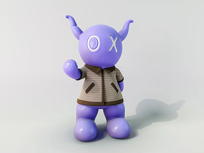 Purple Doll with Horns OX Face and Brown Striped Jacket Raising Hand 3d model