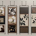 Composite Abstract Paintings Featuring Floral Geometric Designs and Bird Motifs in Black Frames on Wall