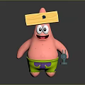 Cartoon Character Patrick Star With Pink Body Wooden Sign On Head And Green Shorts