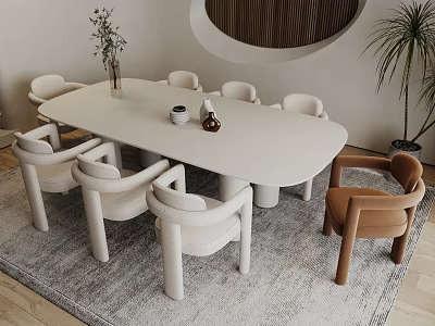 Restaurant Interior Featuring White Oval Dining Table Chairs Vase Circular Wooden Decor Plant And Rug 3d model