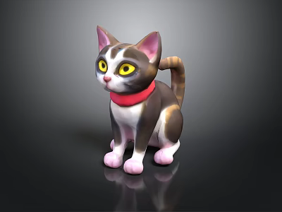 Cute 3D Kitten Model With Pink Ears Yellow Eyes Red Collar And Brown White Fur 3d model