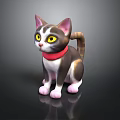 Cute 3D Kitten Model With Pink Ears Yellow Eyes Red Collar And Brown White Fur