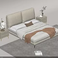 Beige Upholstered Double Bed With White Sheets Throw Blanket Nightstands And Gray Carpet