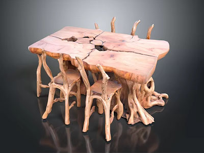 Natural Root Wood Furniture Set With Table And Matching Chairs Design 3d model