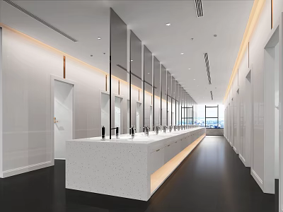 Bright Modern SPA Sauna Public Area With Long White Washbasin Multiple Faucets And Mirrors 3d model