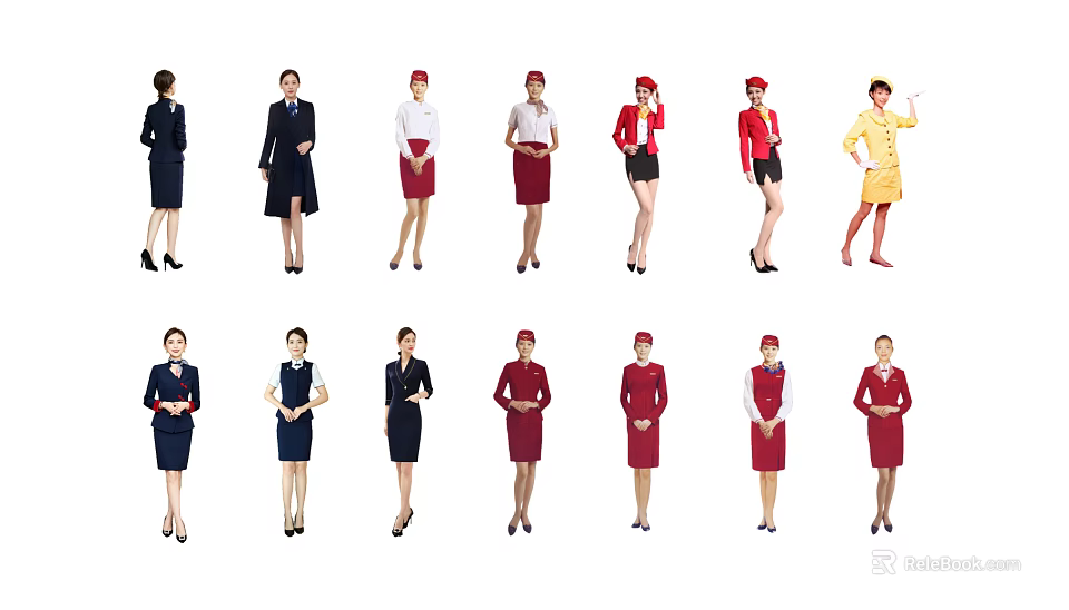 Multiple Flight Attendants In Various Stylish Stewardess Uniforms Standing Together 3d model 