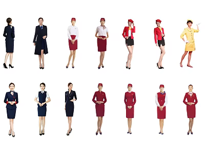 Multiple Flight Attendants In Various Stylish Stewardess Uniforms Standing Together 3d model