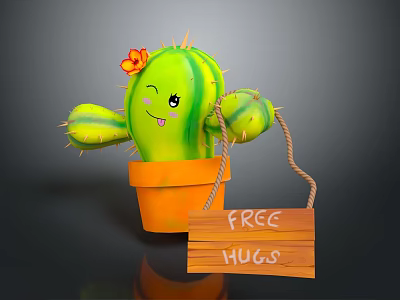 Green Cactus With Smiling Face And Orange Flower In Orange Pot Wooden Sign Free Hugs 3d model