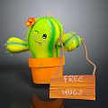 Green Cactus With Smiling Face And Orange Flower In Orange Pot Wooden Sign Free Hugs