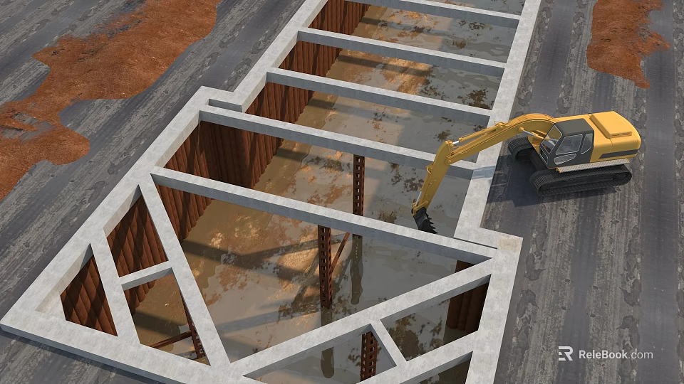 Construction Site Foundation Framework With Concrete Structure And Excavator Working 3d model 