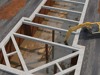Construction Site Foundation Framework With Concrete Structure And Excavator Working 3d model