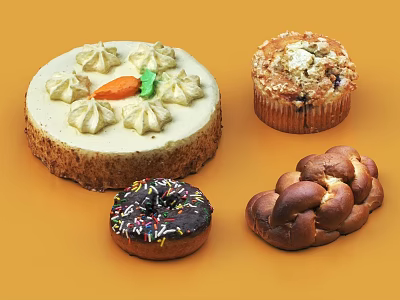 Carrot Cake With Cream Decorations Crumb Topped Muffin Chocolate Frosted Donut And Braided Bread 3d model