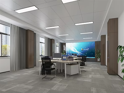 Spacious Public Office Area With Modern Desks Ergonomic Chairs Large Windows And Ceiling Lights 3d model