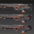 Futuristic Rifles with Black and Orange Intricate Patterns and Detailed Components