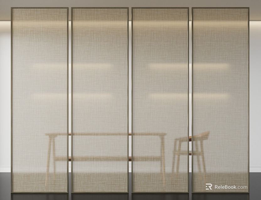 Modern Four Panel Fabric Screen With Wooden Table And Chair 3d model 