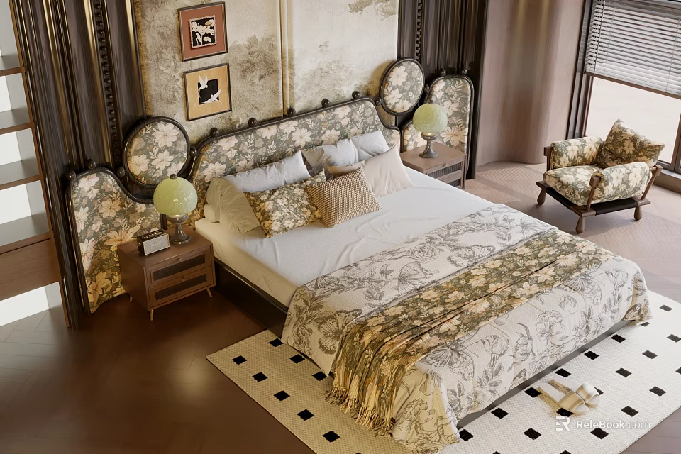 Classic Double Bed With Ornate Headboard Floral Bedding Nightstand Table Lamp And Wooden Floor 3d model 