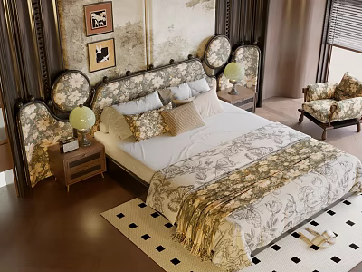 Classic Double Bed With Ornate Headboard Floral Bedding Nightstand Table Lamp And Wooden Floor 3d model