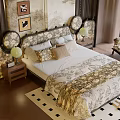 Classic Double Bed With Ornate Headboard Floral Bedding Nightstand Table Lamp And Wooden Floor