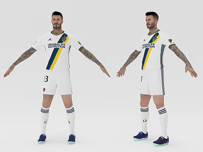 Man In LA Galaxy White Soccer Jersey With Number 3 And Purple Shoes 3d model