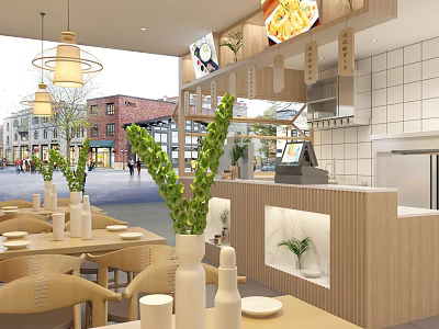 Mall Restaurant Shop With Wooden Tables Green Plants And Bright Counter Design 3d model
