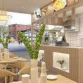 Mall Restaurant Shop With Wooden Tables Green Plants And Bright Counter Design