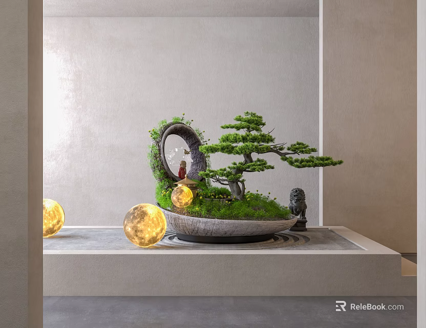 Zen Indoor Landscape With Bonsai Tree Circular Mirror Small Statue And Mossy Base 3d model 