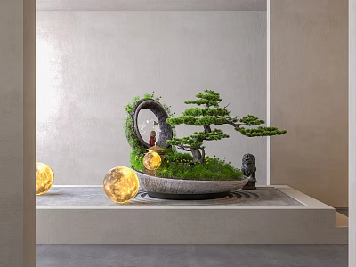 Zen Indoor Landscape With Bonsai Tree Circular Mirror Small Statue And Mossy Base 3d model