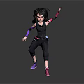 Dynamic Female Character with Blue Pink Gradient Hair Wearing Black Sportswear and Colorful Armbands Jumping
