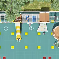 Vibrant Kindergarten Playground With Slide Rainbow Cloud Decorations Colorful Floor And Children Playing