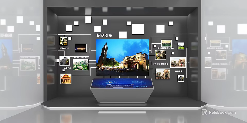Modern Display Cabinet Shelf With Multiple Small Screens Large Central Display And Surrounding Thumbnail 3d model 